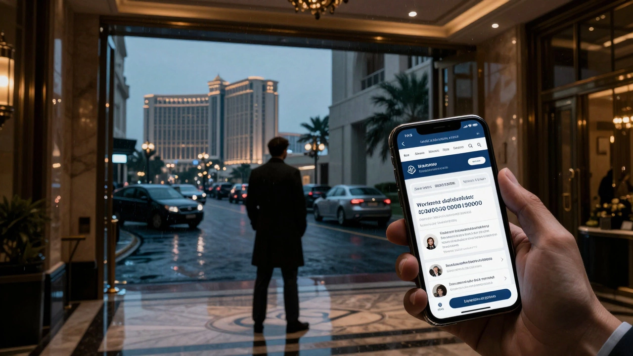 A cautious individual hesitating at a Dubai hotel entrance while checking a verified agency website.