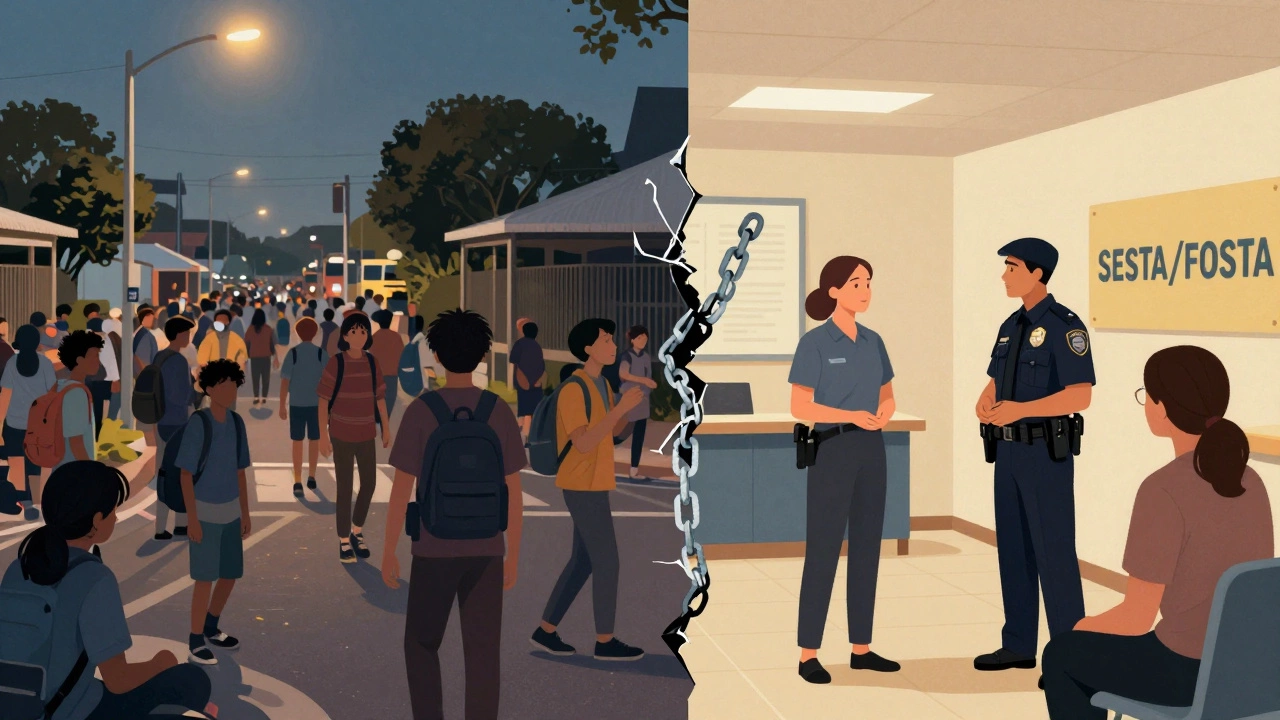 Contrast between struggling street individuals and a supportive community center in New Zealand.