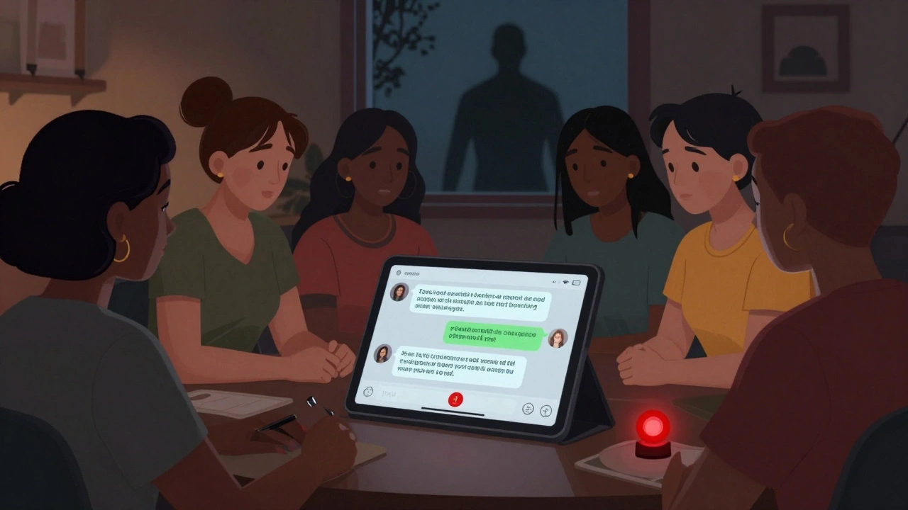 Sex workers sharing safety tips on a tablet with an emergency button glowing.