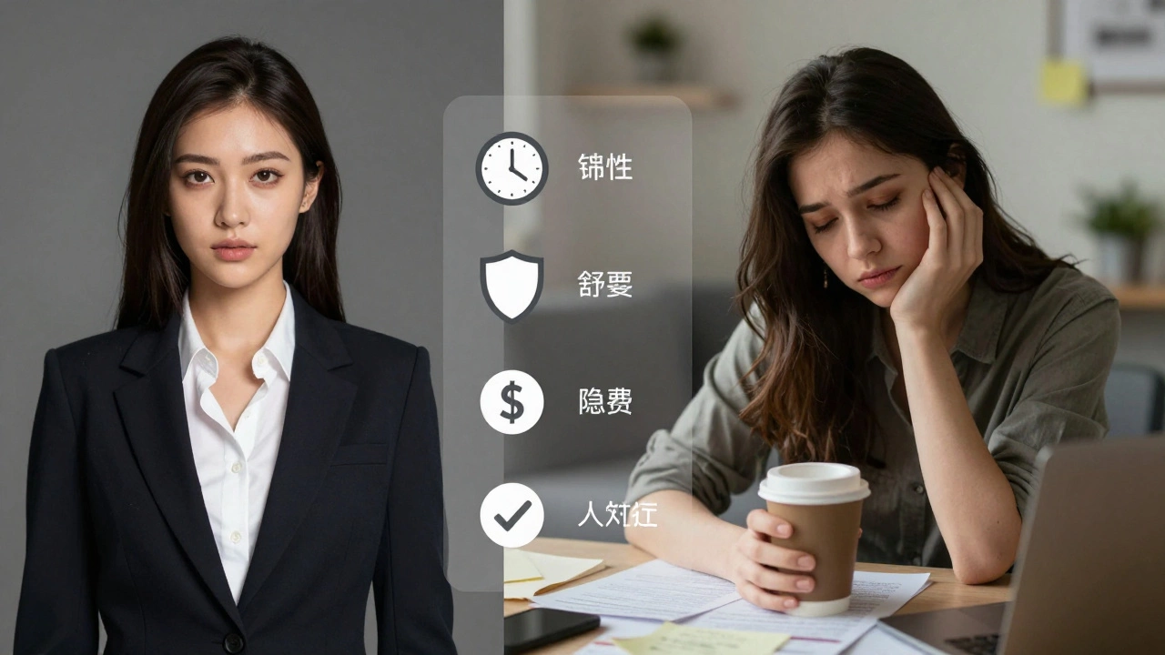 Split image contrasting a staged escort profile with a candid, unfiltered reality.